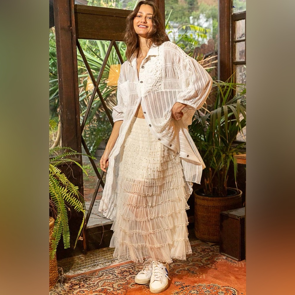 Lace Crochet Patch Button Down Long Shirt In Cream - image 8